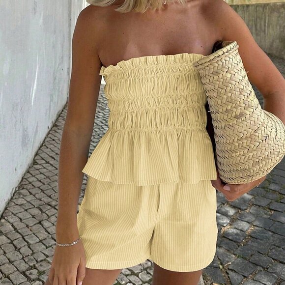 Yellow Boho Womens Striped tube Top And Shorts Set - Picture 3 of 11